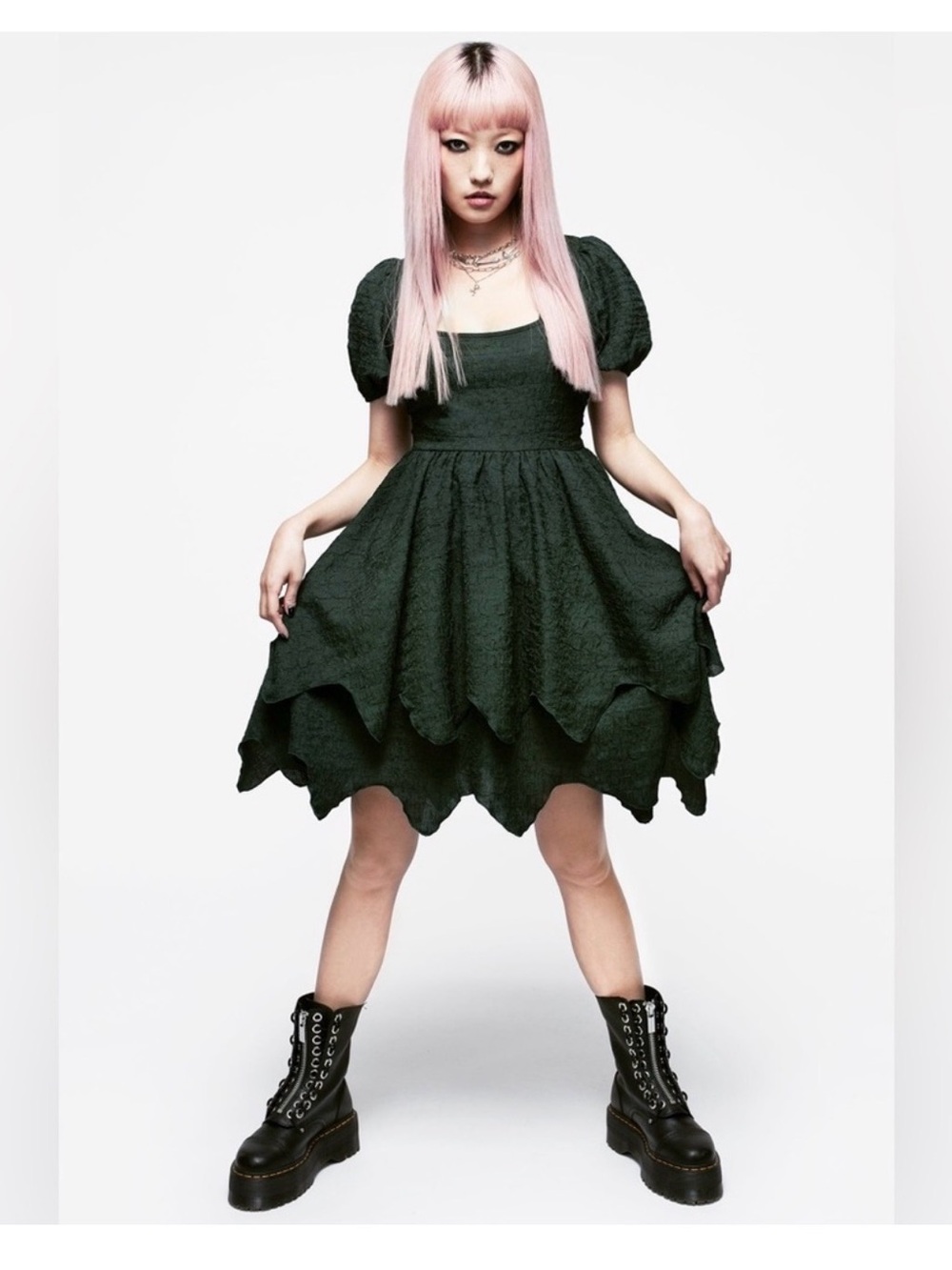 Disturbia Estelle Emerald Green Textured Mini Dress handkerchief hem Size 2